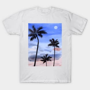 Palm Trees at Night Watercolor Art T-Shirt